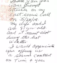 picture of a handwritten testimonial for Butcher AC expressing their happiness with their AC service