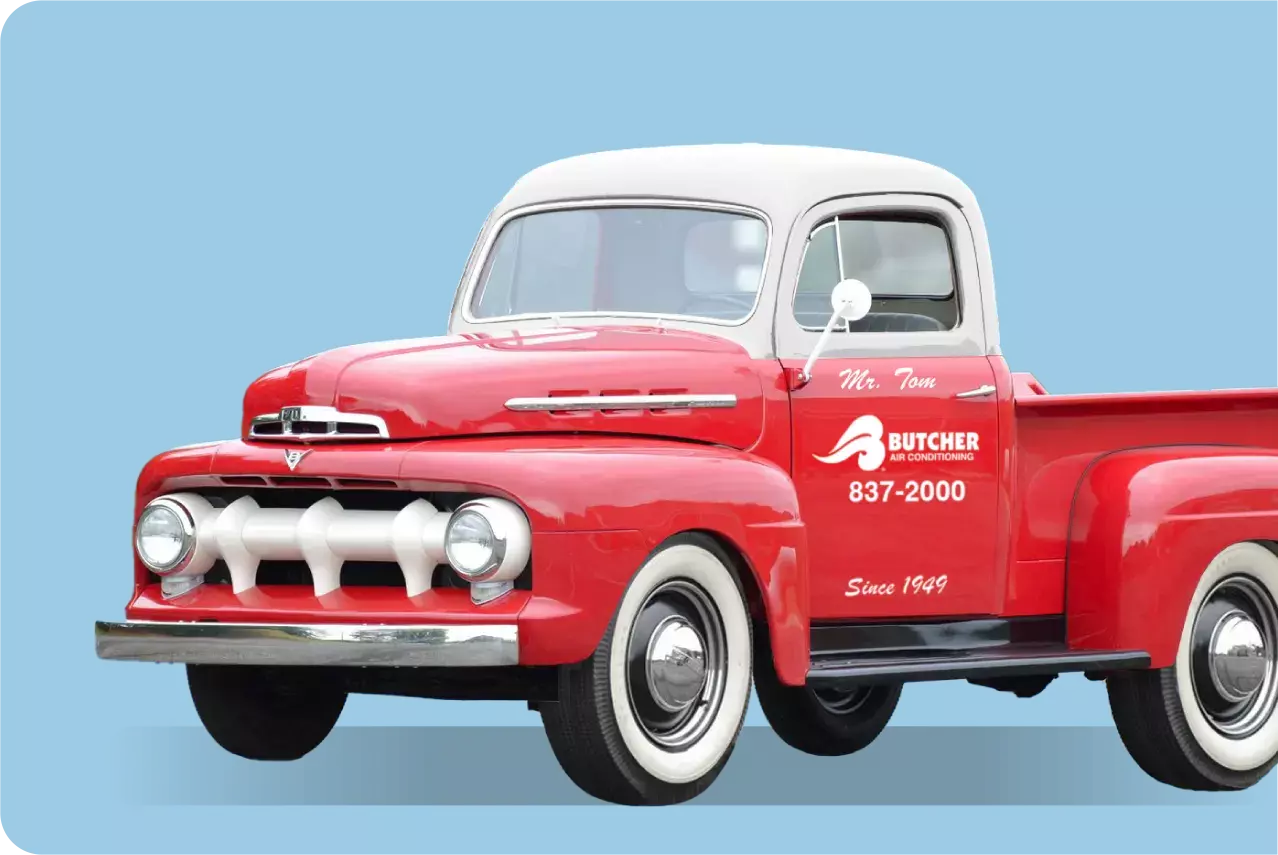 An image of an original Butcher Air Conditioning company truck from 1949.