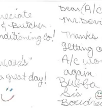 picture of a handwritten review for Butcher AC from a family