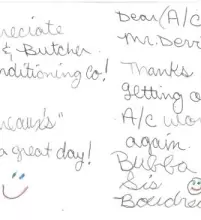 picture of a handwritten review for Butcher AC from a family