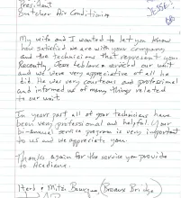 picture of a handwritten review for Butcher AC complimenting their excellent ac services