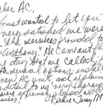 picture of a handwritten review for Butcher AC from a highly satisfied customer