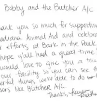 picture of a handwritten review for Butcher AC from Acadiana Animal Aid