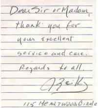 picture of a positive handwritten review for Butcher AC technicians