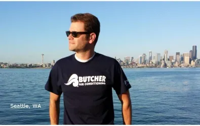 A man wearing a Butcher t-shirt in Seattle, WA