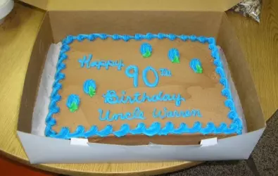 photo of a birthday cake for Warren's 90th birthday