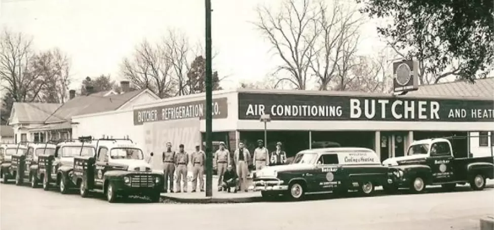 A black and white photo of the original Butcher Air Conditioning company building.