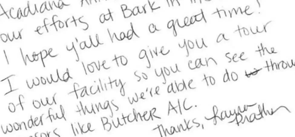 A handwritten testimonial for the Butcher Air Conditioning company