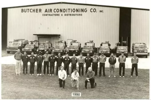 image of Butcher AC team in front of company building in 1990