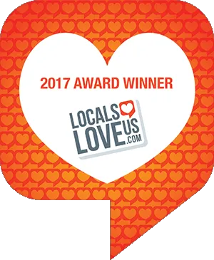 2017 Award Winner badge with LocalsLoveUs logo inside white heart on orange heart-patterned background