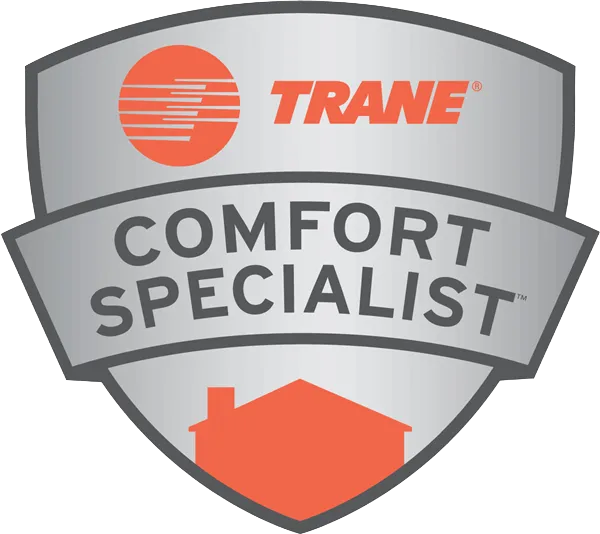 Trane Comfort Specialist certified HVAC silver shield badge with orange Trane logo and house icon