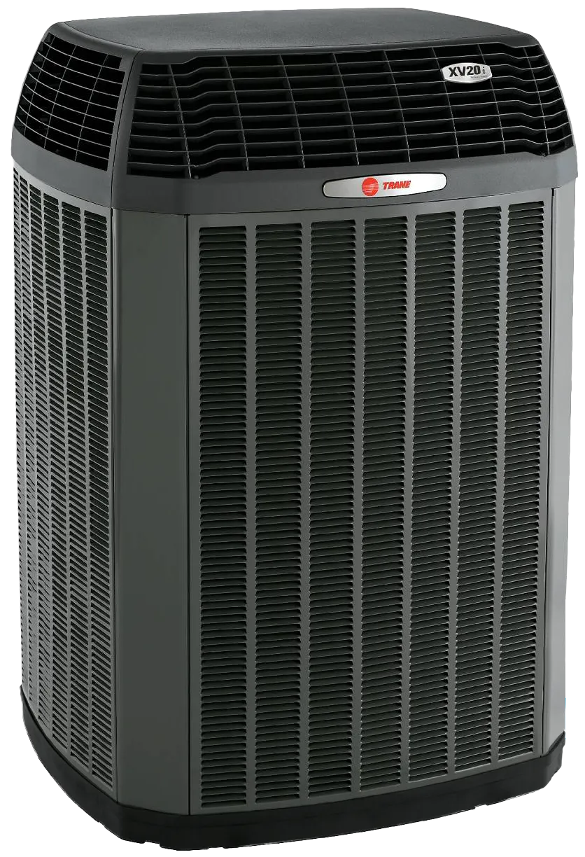 Trane XV20i gray outdoor central air conditioner heat pump with louvered grille