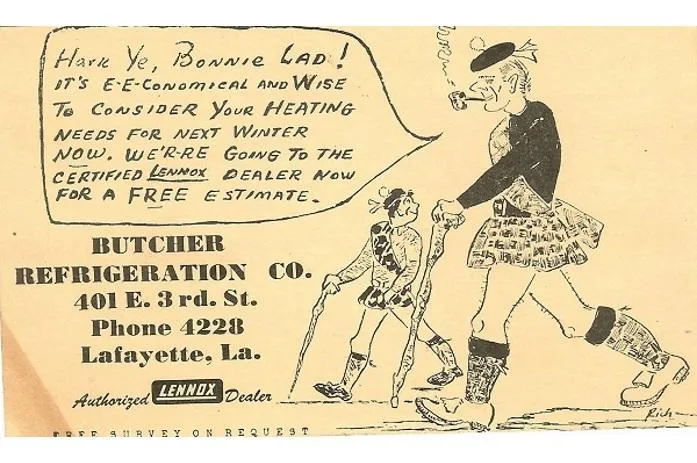 Vintage Butcher Refrigeration Co. ad showing two men in kilts promoting Lennox heating services in Lafayette, LA.