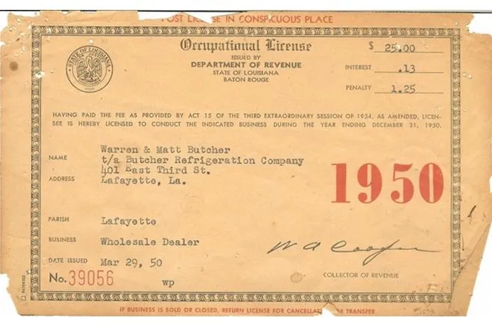 1950 Louisiana Department of Revenue occupational license certificate for Butcher Refrigeration Co., Lafayette wholesale dealer