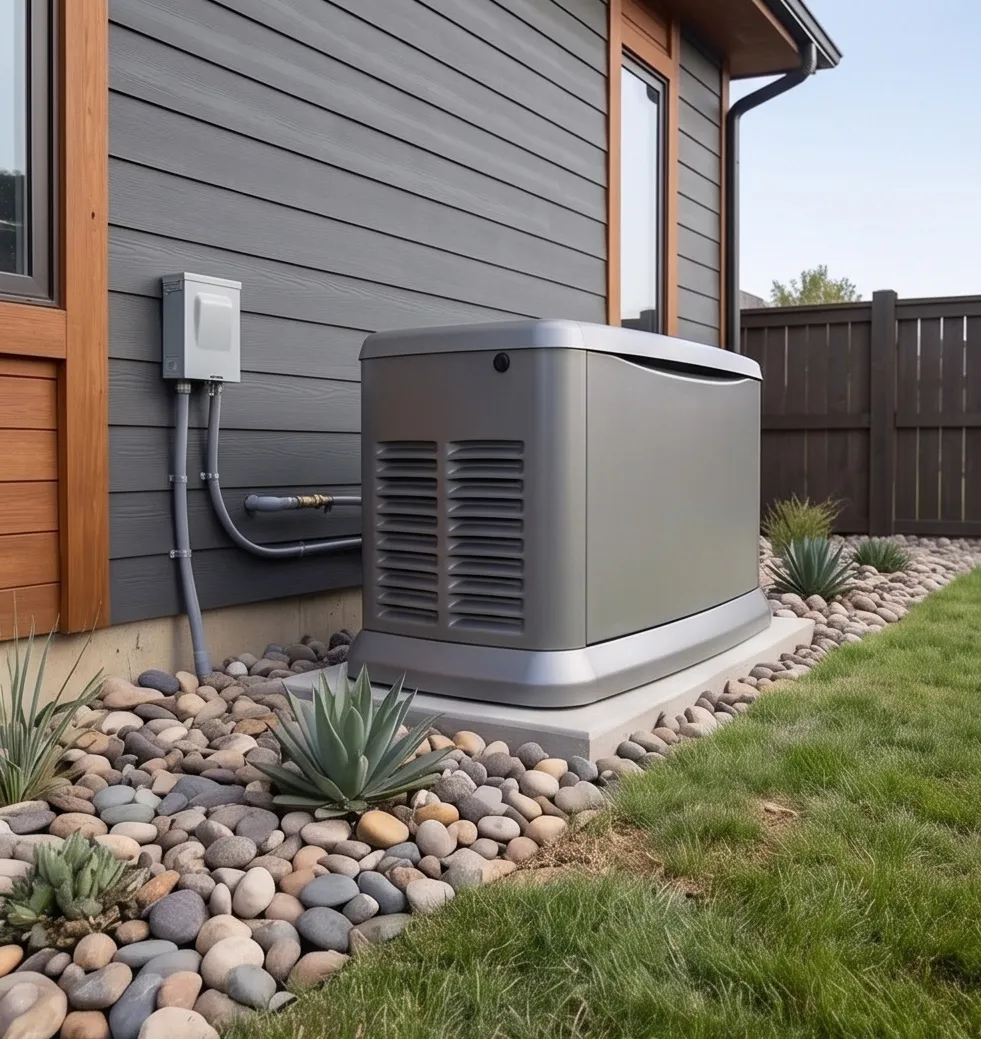 Home backup generator installed beside gray-sided house with pebble landscaping and succulents