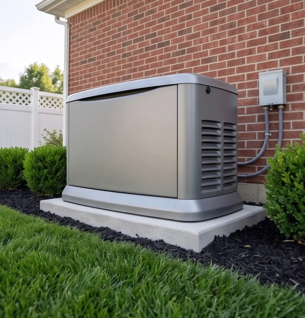 Residential standby backup generator on concrete pad beside brick house, installed outdoors with manicured lawn and shrubs