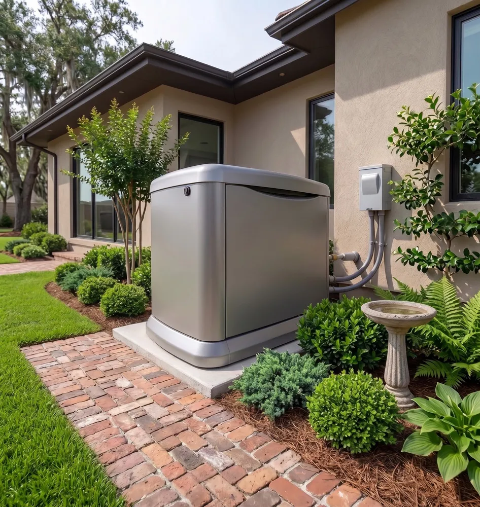 Residential standby backup generator on concrete pad beside modern home, surrounded by landscaped shrubs and brick walkway
