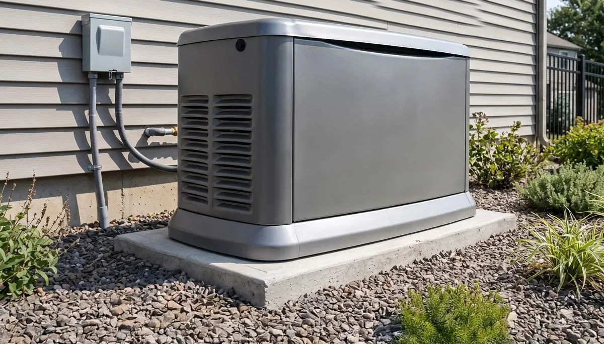 Residential backup standby generator on concrete pad beside house with electrical conduit and gravel landscaping