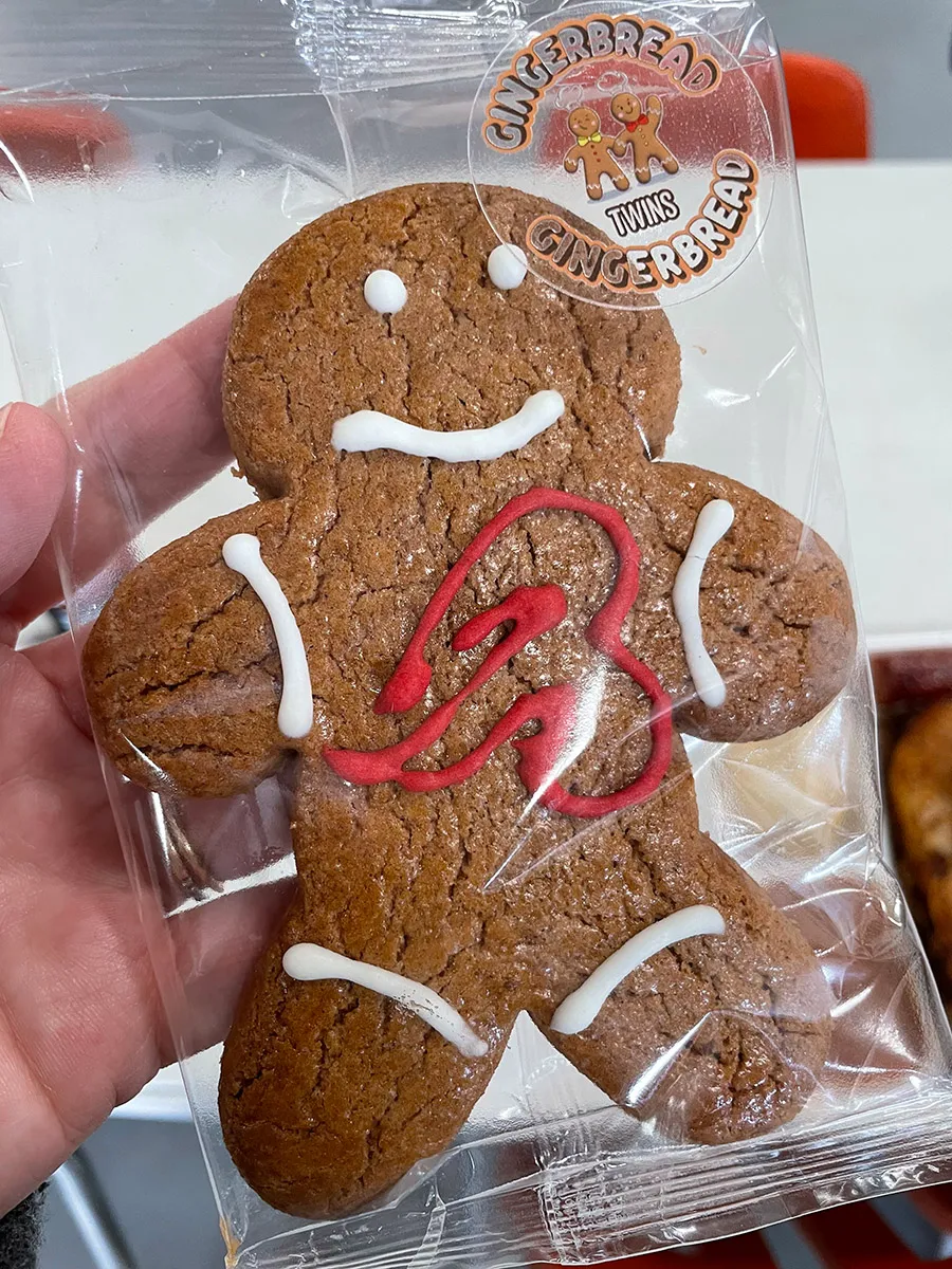 Packaged gingerbread man cookie with white icing accents and red heart decoration held in hand