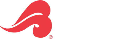 Red abstract heart-and-wave brand logo with white text on black background