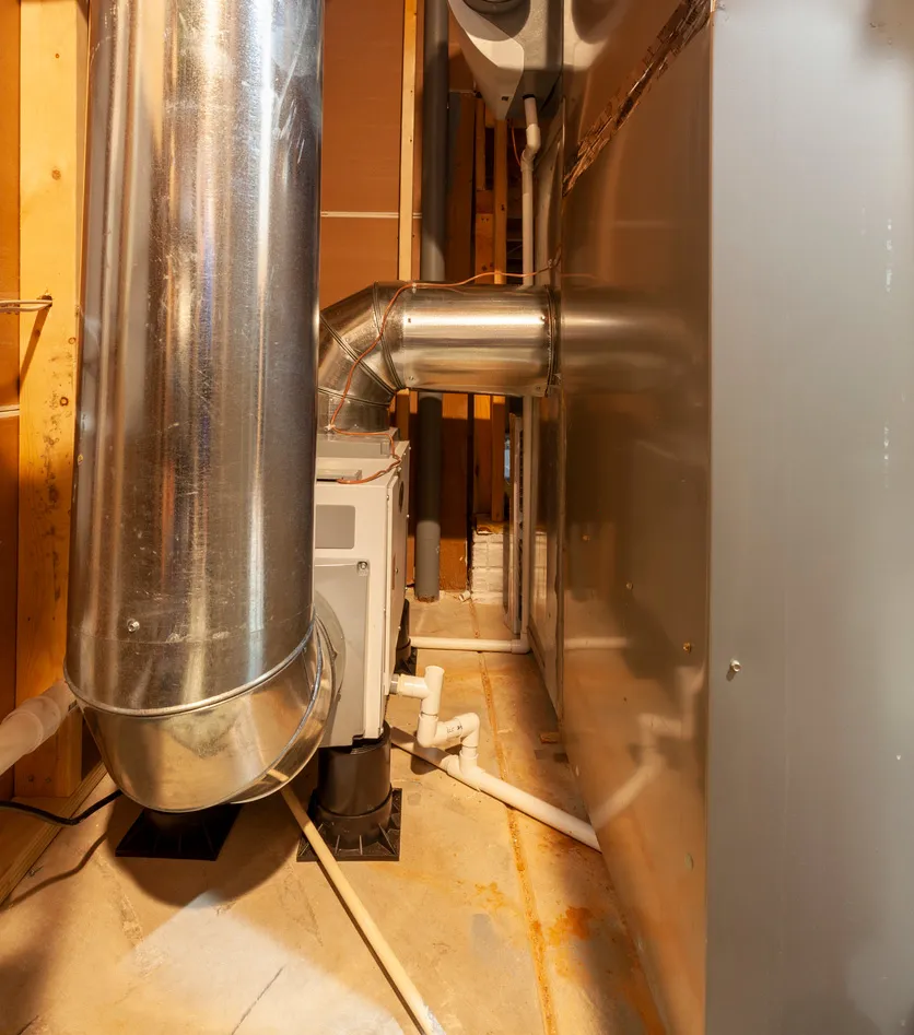 Basement mechanical room showing HVAC metal ductwork, air handler and PVC condensate drain piping.