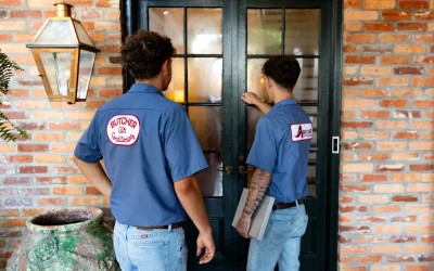 Two HVAC technicians in blue shirts at brick entrance knocking on a glass door, carrying equipment
