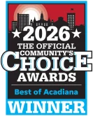 Official 2026 Community's Choice Awards winner badge – Best of Acadiana with city skyline